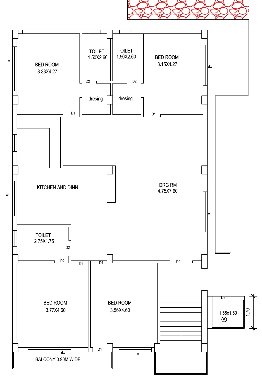 Block A duplex floor plan: four bedrooms, large drawing room, kitchen and dining, toilets, balcony and lift