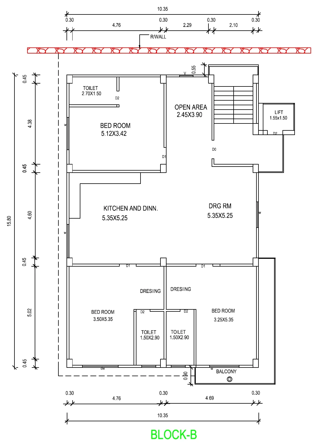 Block B 3 BHK floor plan: three bedrooms, kitchen and dining, drawing room, open area, toilets, balcony and lift