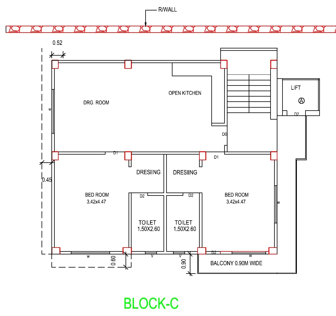 Block C 2 BHK floor plan: drawing room with open kitchen, two bedrooms with dressing and toilets, balcony and lift