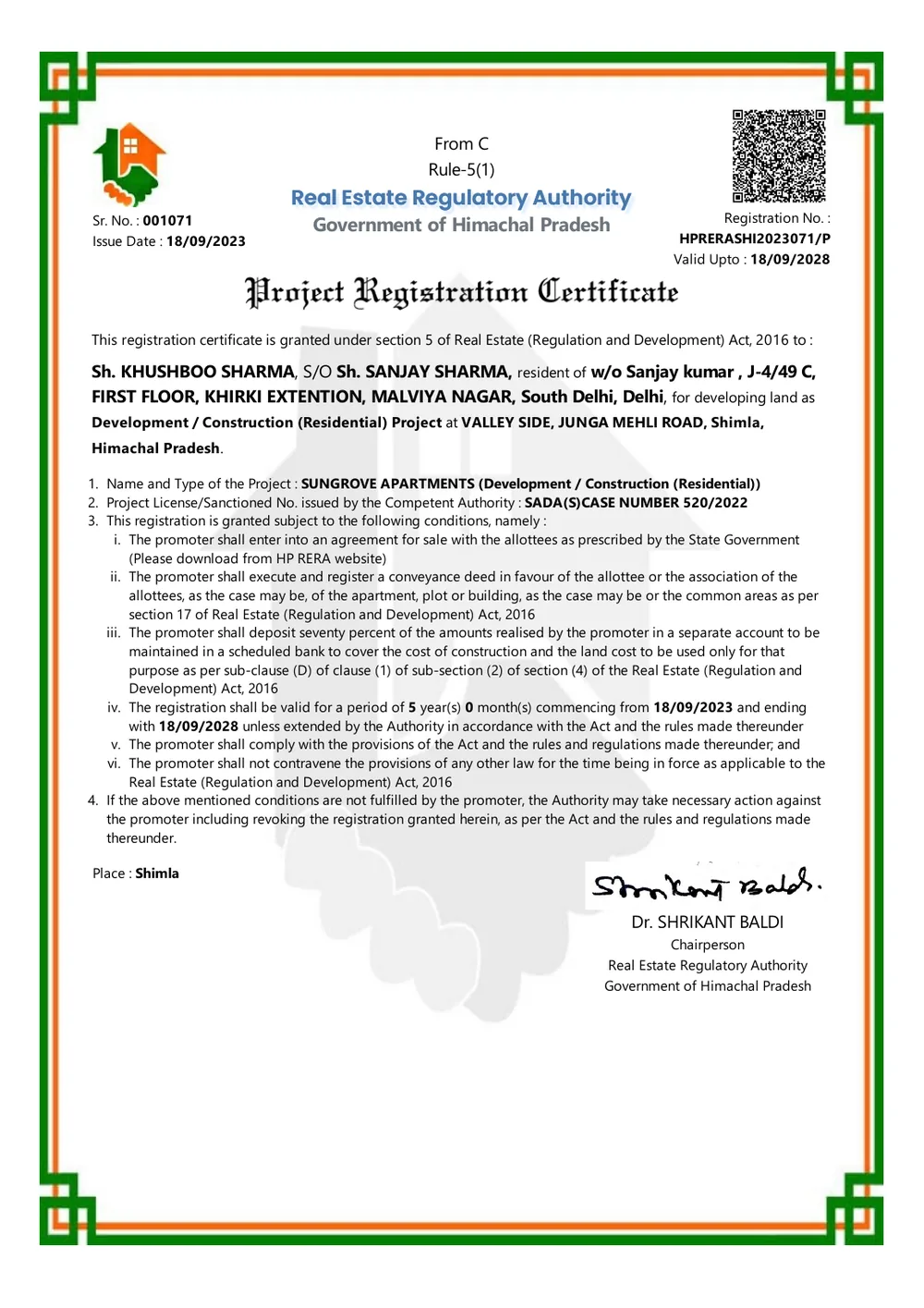 HP RERA Project Registration Certificate for Sungrove Apartments, Reg. No. HPRERASHI2023071/P